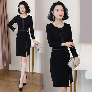 Long-sleeve Contrast Trim Slit Sheath Dress