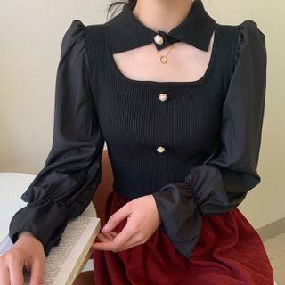 Puff-sleeve Collared Cutout Knit Top