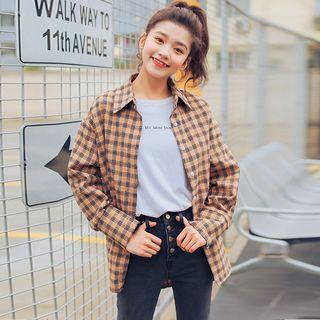 Stand-collar Long-sleeved Loose-fit Gingham Blouse
