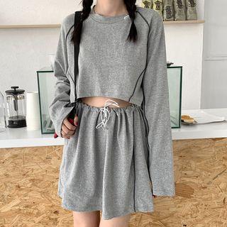 Long-sleeve Contrast Trim Cutout A-line Mini Dress