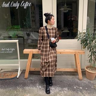 Tie-waist Woolen Long Plaid Dress