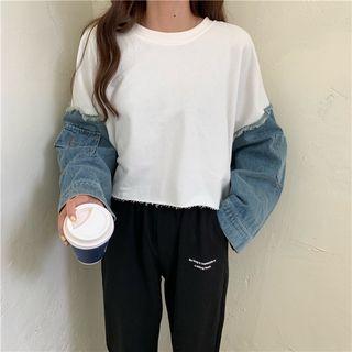 Long-sleeve Denim Panel Pullover / High-waist Lettering Pants