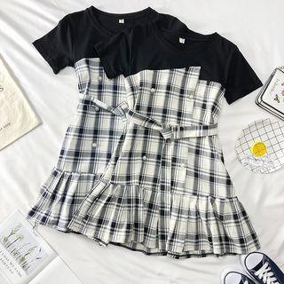 Patchwork Plaid Mini Dress With Belt