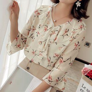 Floral Print Cropped Elbow Sleeve Blouse