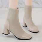 Cap-toe Knit Block Heel Short Boots