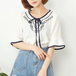 Elbow-sleeve Contrast Trim Embroidered Top Off-white - One Size