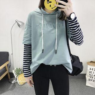 Mock Two Piece Striped Panel Letter Embroidered Hoodie