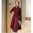 Long-sleeve Midi A-line Shirt Dress Red - One Size