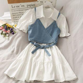 Set: Puff-sleeve Shirtdress + Wrapped Denim Vest
