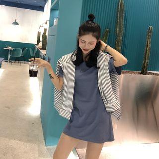 Striped Shirt / Short-sleeve Plain Mini T-shirt Dress