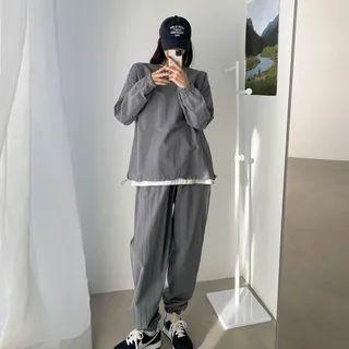 Set: Drawstring-hem Oversize Sweatshirt + Jogger Pants