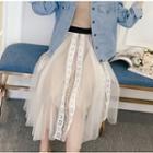 Lace Panel Midi Mesh Skirt