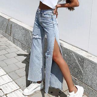 Distressed Slit Straight-leg Jeans