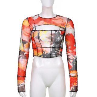 Tie-dye Print Cutout Mesh Crop Top