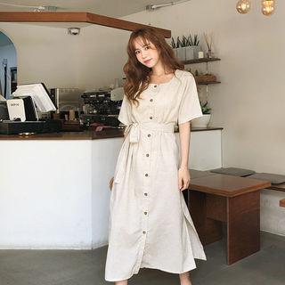 Square-neck Linen Shirtdress With Sash