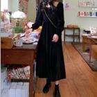 Square-neck Long-sleeve Midi A-line Dress Black - One Size