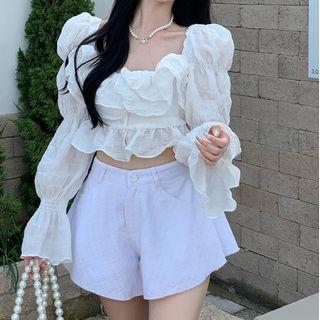 Puff-sleeve Ruffle Trim Layered Crop Top / Wide-leg Shorts