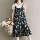 Set: Short-sleeve T-shirt + Floral Print Spaghetti-strap Dress