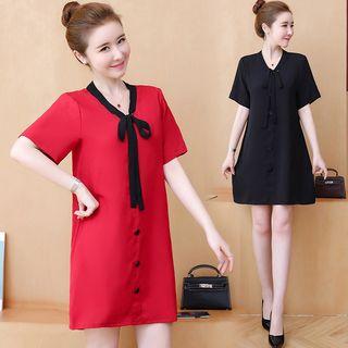 Bow Detail Buttoned Short-sleeve Chiffon Dress