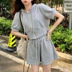 Short-sleeve Plain Zip-up Hoodie / High-waist Drawstring Wide-leg Shorts
