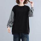 Color Block Lantern-sleeve Pullover Black - One Size