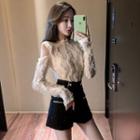 Cold Shoulder Lace Blouse / Glitter High-waist Shorts / Lace Up Mini Skirt