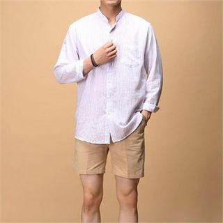 Mandarin-collar Linen Blend Striped Shirt