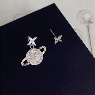 Non-matching Rhinestone Planet Earring 1 Pair - Non-matching - Silver - One Size