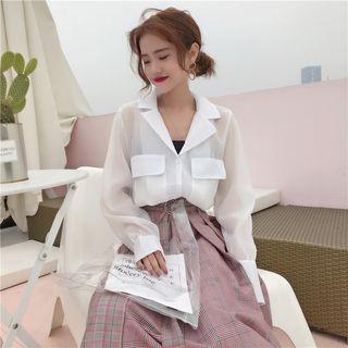 Notch-lapel Sheer Long Shirt / Plaid Midi A-line Skirt