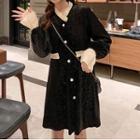 Long-sleeve Glitter A-line Velvet Dress Black - One Size