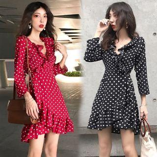 Dotted 3/4-sleeve Mini A-line Dress
