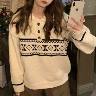 Print Knit Polo Shirt White - One Size