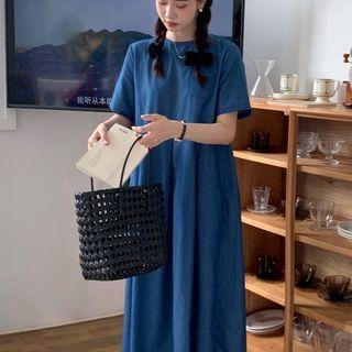 Short-sleeve Plain Midi A-line Dress Blue - One Size