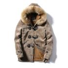 Furry Trim Hood Fleece Lined Suede Toggle Jacket