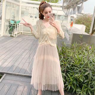 Set: Elbow-sleeve Drawstring Knit Top+mesh A-line Long Skirt