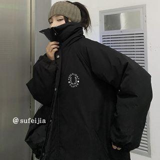 Lettering Padded Zip-up Long Coat