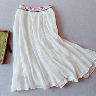 Floral Embroidered Waistband Midi A-line Dress