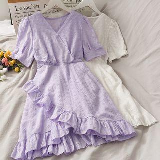 Eyelet Ruffled-trim Asymmetric Mini Dress