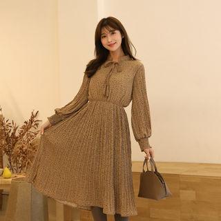Accordion-pleated Patterned Long Chiffon Dress