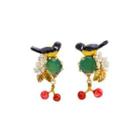 Fashion And Elegant Plated Gold Enamel Yellowbird Bird Flower Stud Earrings With Green Cubic Zirconia Golden - One Size