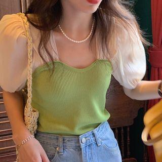 Short-sleeve Knit Panel Blouse