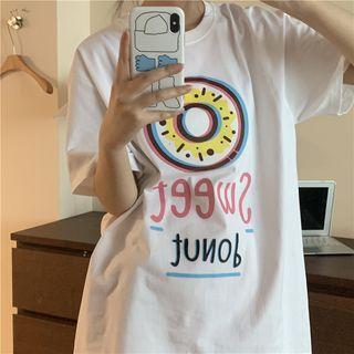 Elbow-sleeve Doughnut Print T-shirt