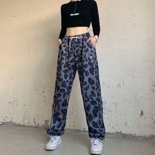 Drawstring Leopard Print Wide Leg Pants