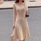 Long-sleeve Mock-neck Button-up Knit A-line Dress