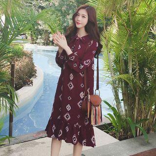 Tie Neck Long Sleeve Patterned Midi Dress