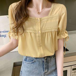 Puff-sleeve Lace Trim Tie-cuff Blouse