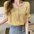 Puff-sleeve Lace Trim Tie-cuff Blouse
