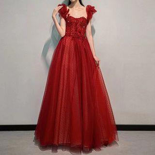 Ruffle Strap Sequined A-line Evening Gown