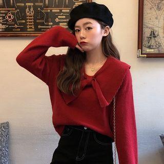 Ribbon Collared Plain Sweater