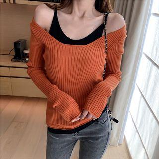Mock Two-piece Cold-shoulder Ribbed Knit Top